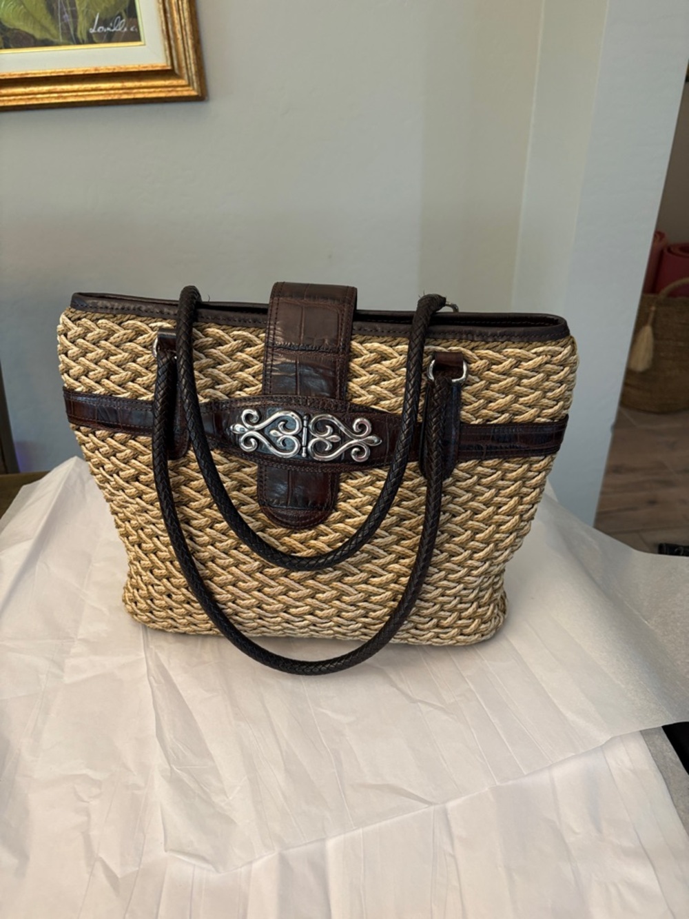 Brighton Natural Raffia & Leather Tote Handbag Purse Pocketbook EUC - Picture 13 of 16